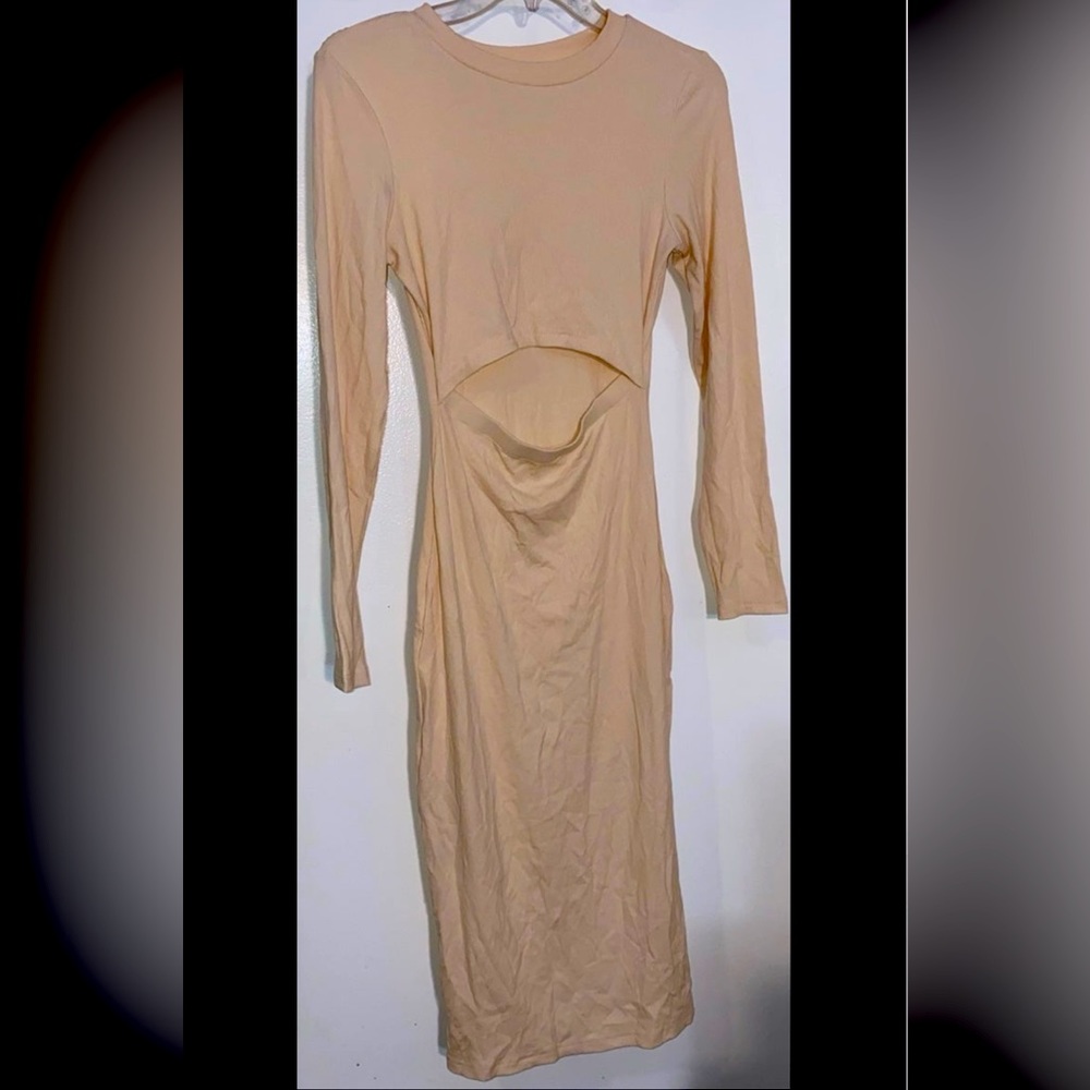 NWOT Ribbed Beige Long Sleeve Knee Length BodyCon Cut Out Dress size Small